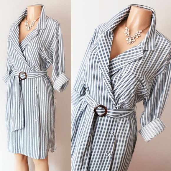 Zara Dresses & Skirts - Zara Blue Stripe Belted Wrap Button Shirt Dress